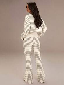 Women's Casual Striped Knit Flare Pants - Apricot - View 2
