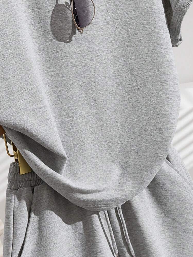 Casual Minimalist Butterfly Print Raglan Sleeve Loose Short Sleeve T-Shirt Set For Teen GirlLight Gray - Light Grey - View 4