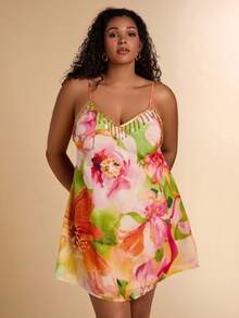 SHEIN BAE Plus Size Women Floral Print Spaghetti Strap Vacation Dress,Beige Crystal Tassel Print Sundress,Short A-Line Dress,Summer Holiday Vacation Holiday - Multicolor - View 9
