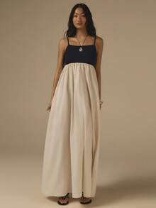 COSMINA 女士优雅吊带撞色褶皱中长连衣裙，通勤、办公、外出、波西米亚风度假、休闲等场合皆宜 - 黑與白 - 查看 5