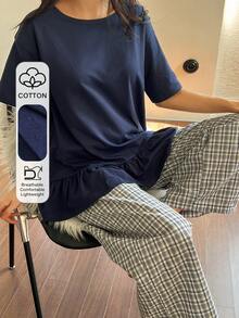 DAZY 纯色荷叶边T恤上衣和格子睡裤女士夏季睡衣套装 - 藏蓝色 - 查看 3
