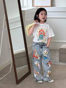SHEIN Playful Pals Quần Jeans Ống Thẳng Màu Xanh Nhạt In Họa Tiết Động Vật Hoạt Hình Dễ Thương Cho Bé Gái Thời Trang Thường Ngày Đa Năng - Rửa nhẹ - Xem 4