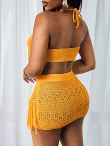 Slaydiva 26SS Spring/Summer Vacation Beach Sexy Yellow Halter Two Pieces Set With Tassels - Yellow - View 2