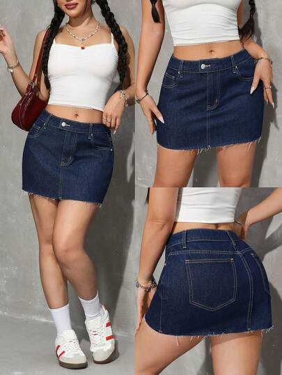 SHEIN Tall Women's Pocketed Button Closure Versatile Date/Casual Denim Mini Skirt