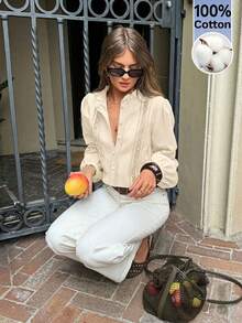 Serisse Women's Vacation Embroidered Hollow Out Single-Breasted Long Sleeve Casual Shirt - Apricot - View 4