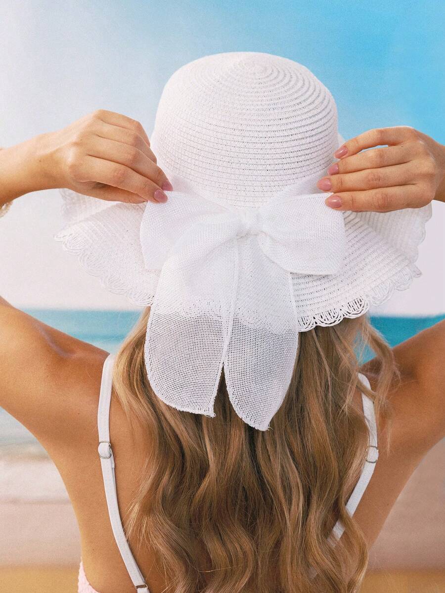 Swim Mod 1頂女性夏季白色波浪沙灘帽，帶蝴蝶結優雅防曬帽，適用於海灘旅遊和度假波霸風格 - 白色 - 查看 1