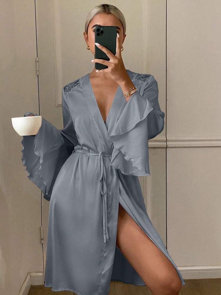 Satin & Lace Patchwork Ruffle Sleeve Design Women's Robe, Spring