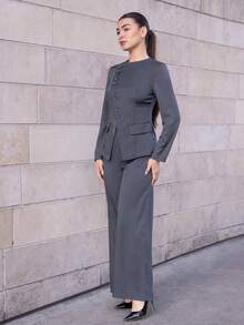 Andrea Bello Women's Elegant Commuter Daily Versatile Street Fashion New Asymmetric Lapel Button Waist Long Sleeve Blazer And High Waist Long Pants Khaki Gray 2 Pieces Suit Set,Fall,Fall Clothes For Women - Dark Grey - View 5