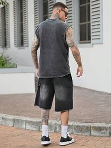 Devon Thys Áo vest nam cổ tròn màu tối, kiểu dáng vintage, chất liệu wash, hiệu Zhuo Tianxi - màu đen - Xem 2