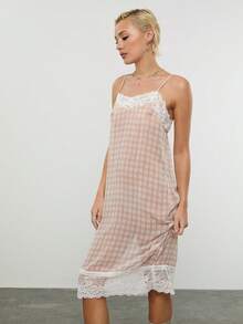 COUREZ Lace Cami Midi Dress In Check /Y2K Spring Clothes For Women Cute Lace Dress Pink Check Dress Midi Dresses Summer Party Outfits Going Out Outfits Vacation Outfits Holiday Dresses Summer Outfits Summer Holiday - Apricot - View 6