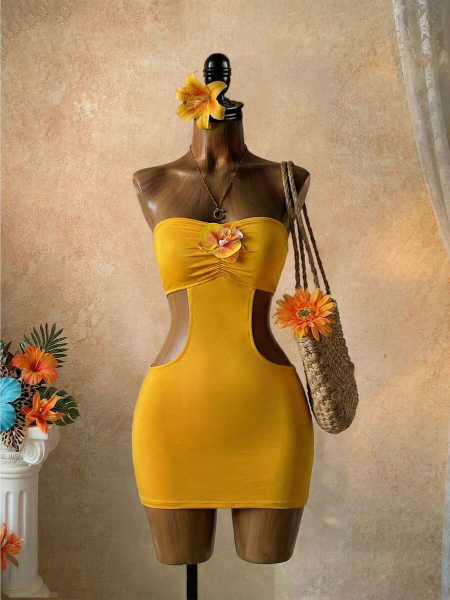 SaltGleam SaltGleam Đầm ngắn gợi cảm khoét eo dành cho nữ, đầm quây xếp ly họa tiết hoa 3D ôm sát cơ thể, đầm nghỉ mát kiểu đảo. - Màu vàng - Xem 1