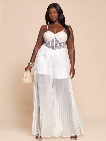 SHEIN BAE Salopetă albă cu imprimeu de dantelă, plisată, mărime plus