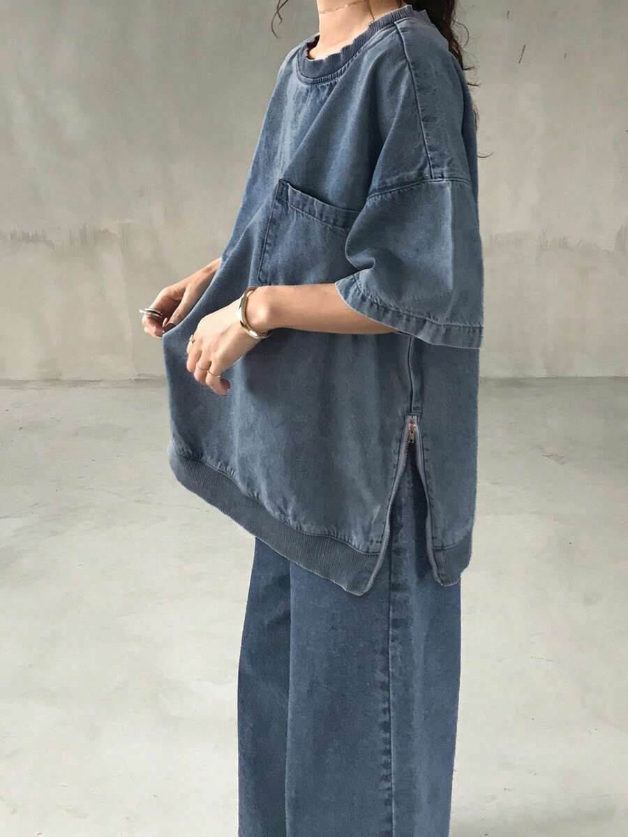 FRIFUL Women's Round Neck Drop Shoulder Zip Side Pocket Top And Pants Casual Loose Denim Set - Blue - View 1