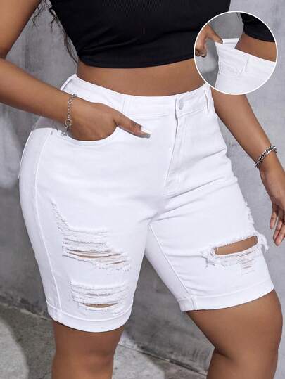 SHEIN Tall CURVE Summer Tall CURVE Plus Size Women High Waist White Distressed Denim Bermuda Shorts Women Rolled Cuff Casual Streetwear Shorts Pocketed Distressed Casual Versatile Denim White Shorts