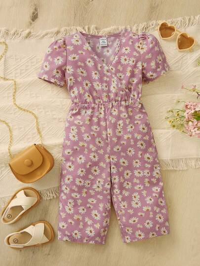 SHEIN Baby Girl Daisy Print Surplice Neck Short Sleeve Romper