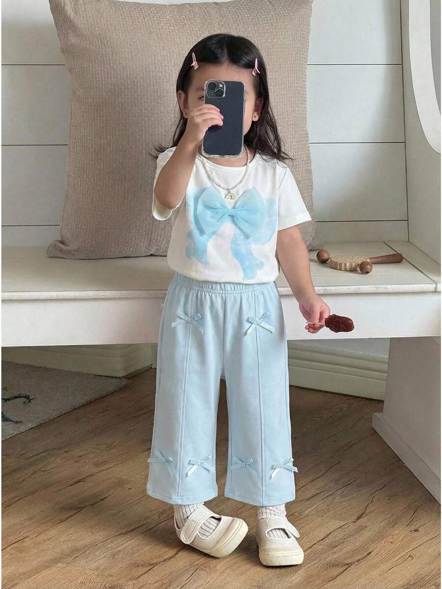 SHEIN 2件套女婴夏季时尚可爱3D蝴蝶结短袖上衣+独特蝴蝶结阔腿休闲裤套装，蓝色 - 藍色 - 查看 1