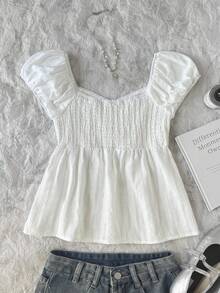 SHEIN Tween Girl Spring/Summer Casual Minimalist Versatile Jacquard Striped Collared Backless White Blouse - White - View 2