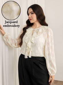 Modelyn Plus Size Elegant Commuter Solid Color Jacquard Ruffle Hem Blouse - Apricot - View 3
