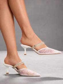 CUCCOO SZL Tacones altos tipo salón con punta puntiaguda, malla y strass, de estilo casual para ir al trabajo. Adecuados para bodas, fiestas y eventos de noche - Blanco - Ver 7
