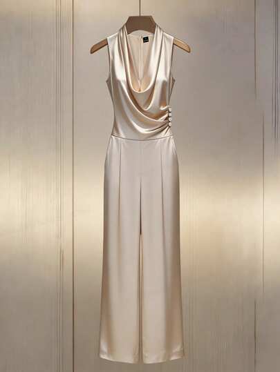 Franclia 女士优雅浪漫时尚通勤性感独特连体裤，适合通勤、商务、度假、浪漫约会、婚礼、生日、情人节等场合。无袖宽松阔腿杏色裤子，腰部褶皱纽扣装饰。