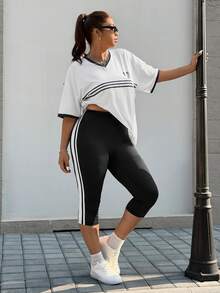 Muchica Quần legging cạp cao kẻ sọc tương phản dành cho nữ cỡ lớn, thích hợp cho mùa xuân/hè. - màu đen - Xem 6