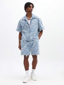 SUMWON Distressed Light Blue Denim Co-Ord Set Frayed Shirt And Shorts Two Piece Matching Outfit Summer Street Style - Blue - View 1