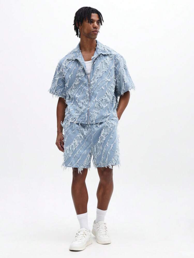 Distressed Light Blue Denim Co-Ord Set Frayed Shirt And Shorts Two Piece Matching Outfit Summer Street Style