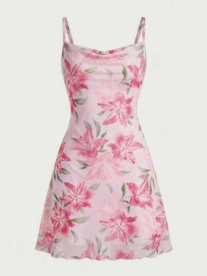 SHEIN Girlism 少女碎花网纱吊带优雅连衣裙