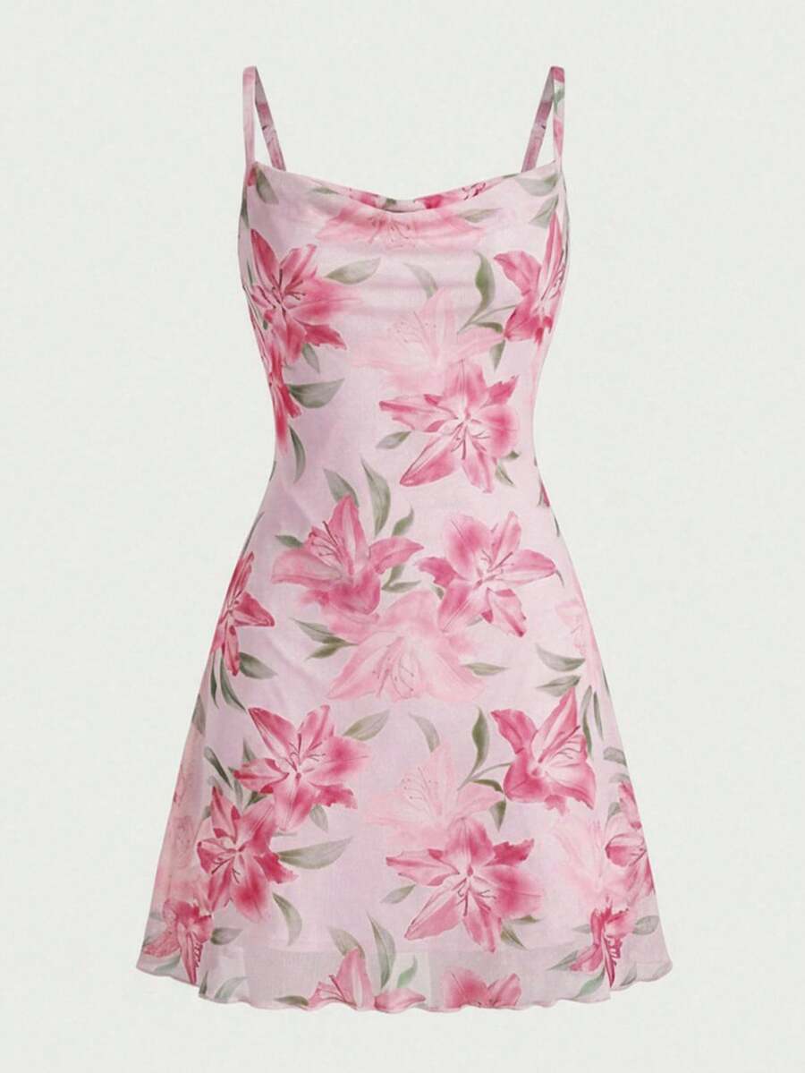 SHEIN Girlism 少女碎花网纱吊带优雅连衣裙 - 粉色 - 查看 1