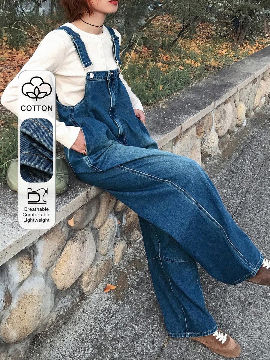 FRIFUL 女士带口袋阔腿宽松休闲百搭背带连体裤 - 藍色 - 查看 1