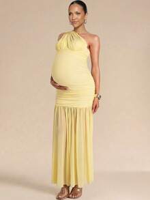 MaterniChic Pregnant Women Elegant Yellow One-Shoulder Pleated Maternity Dress,Summer Long Pregnancy Dress For Photoshoot,Baby Shower Wedding Guest Party Dress - Yellow - View 3