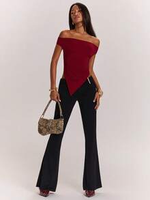 SHEIN BAE 性感露肩不对称下摆短款上衣，适合舞会、海滩、优雅场合、音乐节、约会、夜店、伊比沙岛等，樱桃红，基础款 - 玫瑰紅 - 查看 4