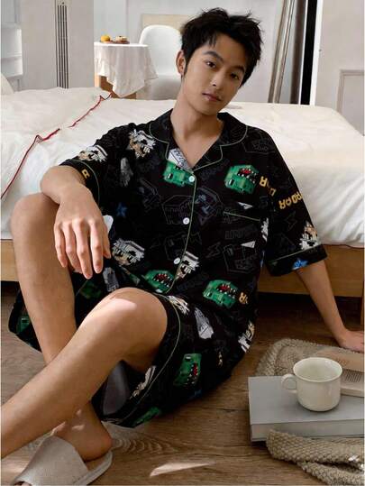 Conjunto de pijama de pantalón corto y camiseta de manga corta con estampado gráfico de videojuegos para adolescentes