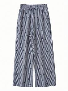 SHEIN Essnce Plus Size Women's Spring And Summer Fashion Casual Loose Comfortable Daily Basic Cool Pink Striped Bow Elastic Waist Wide Leg Pants,Y2k Clothes,Baggy Pants,Street Wear,Curve Cute Clothes,Summer Bottoms,Flowy Pants,Brunch Outfits For Women - Black and White - View 2