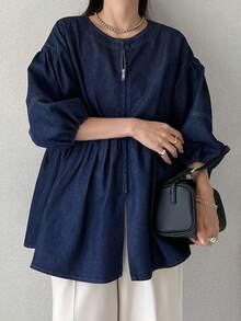 FRIFUL Áo sơ mi denim dáng rộng tay phồng, khóa kéo phía trước dành cho nữ - Màu xanh lam - Xem 2