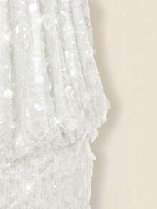 SHEIN ICON Glittering Sequin High Neck Backless Ruched Bodycon Mini Dress - White - View 6