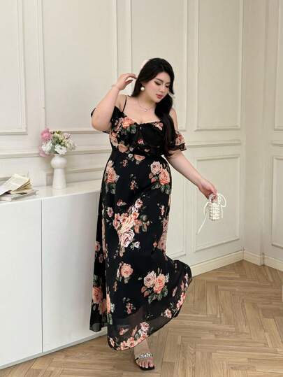 Vibekara Đầm hai dây kiểu Pháp thanh lịch bằng vải chiffon in hoa, viền bèo nhún đôi, trễ vai, không tay, eo thon, trang phục đi nghỉ mát mùa xuân/hè.