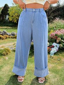 EMERY ROSE Plus Size Casual Solid Color Button Pocket Wide Leg Jeans - Light Wash - View 1