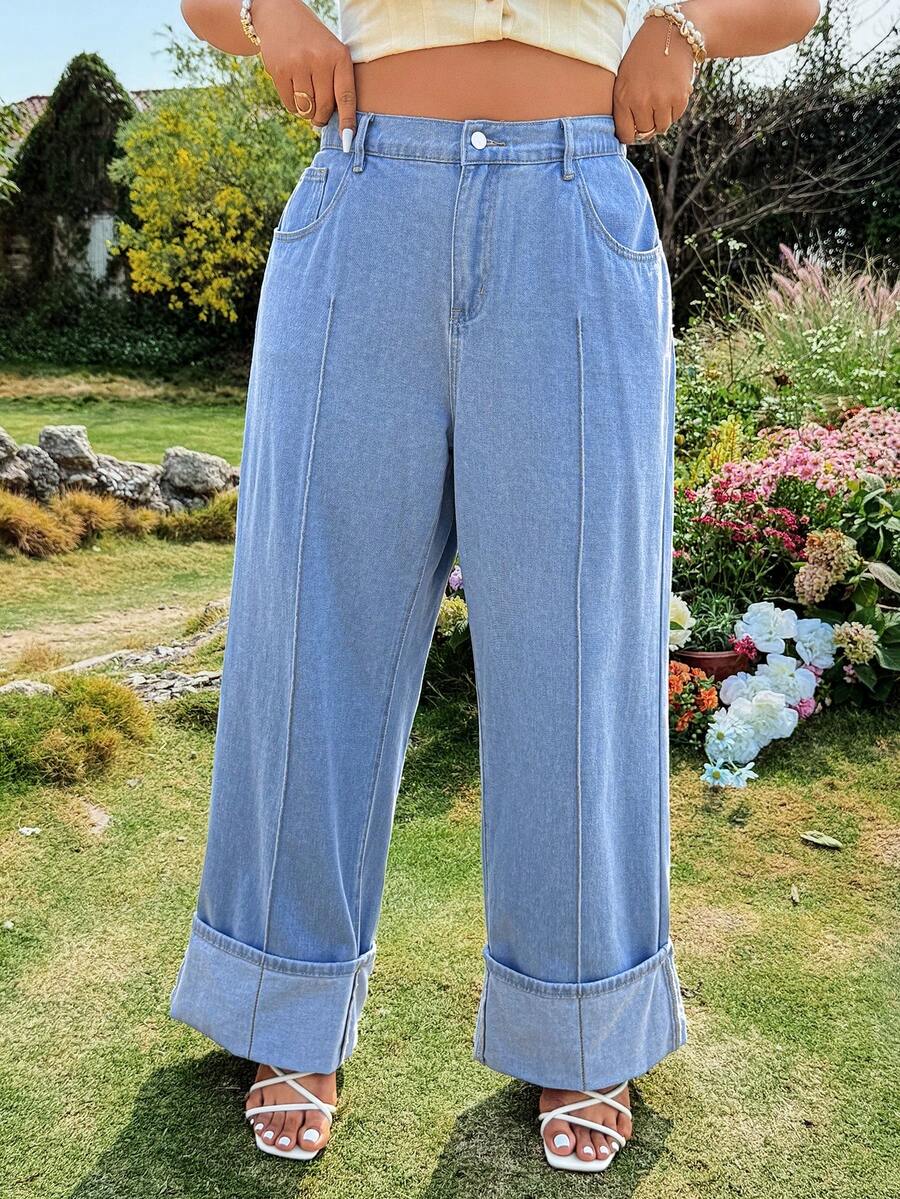 EMERY ROSE Plus Size Casual Solid Color Button Pocket Wide Leg Jeans - Light Wash - View 1