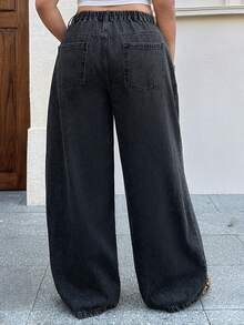 Dazy Plus Dark Wash Blue Waistband Patchwork Drawstring Straight Leg Long Jeans, All Season - Dark Grey - View 2