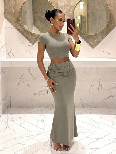 Slaydiva New Early Spring, Spring And Summer Music Festival, Valentine's Day, Easter, Bohemian Style, Nomadic Style, Casual, Simple And Basic, Cruise Party, Birthday Party, Daily Date, Casual Vacation, Elegant Commuting, Round-Neck Short-Sleeved, Ultra-Crop Top, T-Shirt + Side Drawstring, Bodycon Skirt, H-Shaped Long Skirt, Gray-Brown Set, Women's Two Pieces Set -A