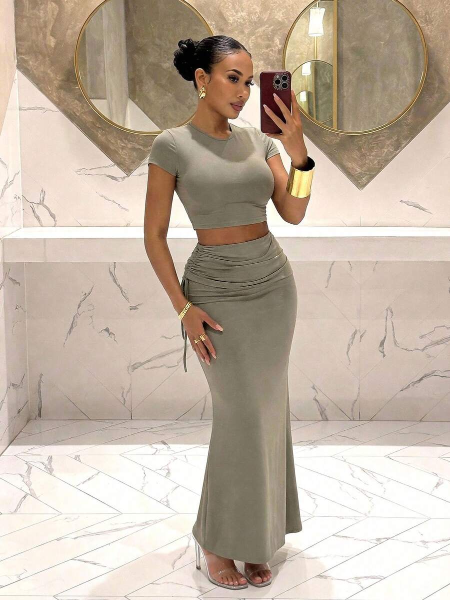 Slaydiva New Early Spring, Spring And Summer Music Festival, Valentine's Day, Easter, Bohemian Style, Nomadic Style, Casual, Simple And Basic, Cruise Party, Birthday Party, Daily Date, Casual Vacation, Elegant Commuting, Round-Neck Short-Sleeved, Ultra-Crop Top, T-Shirt + Side Drawstring, Bodycon Skirt, H-Shaped Long Skirt, Gray-Brown Set, Women's Two Pieces Set -A - Grey - View 1