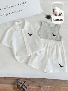 SHEIN Young Boy's Cute Summer Holiday White Printed Shirt And Elastic Waist Shorts Set,Cotton Linen Matching Outfit For Family Vacation,Birthday Party,Rave - Multicolor - View 3