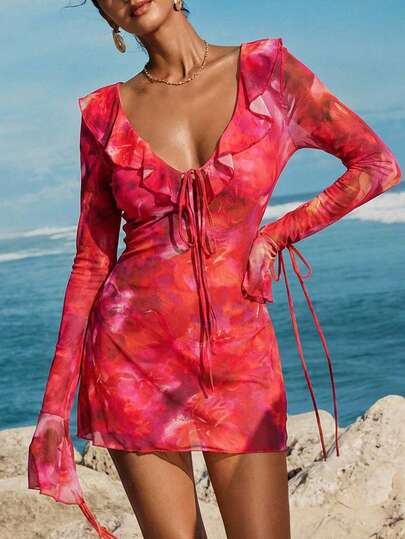 Opulessa Women's Vacation Beach Tie-Dye Print Ruffle Trim Cover-Up,Beach,Beach Outfits For Women,Beach Set,Going Out,Vacation,Vacation Outfits Women,Holiday,Summer,Summer Clothes,Summer Outfits For Women,Party ,Going Out,Going Out Outfits,Casual,Elegant,Y2k,Flower, Floral Dress,Pink ,Pink Dress,Red,Red Dress