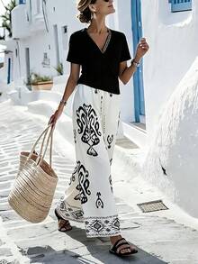 SHEIN Holidaya 女士印花阔腿裤，宽松版型，优雅百搭，适合度假和日常穿着，春夏款 - 米色 - 查看 2