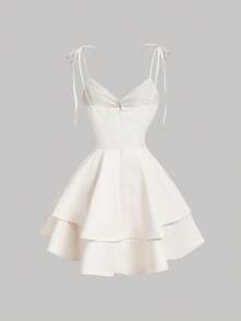 SHEIN MOD 杏色系带印花蝴蝶结褶皱连衣裙，双层下摆——70年代复古波西米亚风，适合海滩度假、约会、派对、春夏女士装、春假、度假、野餐、节日、生日等场合。 - 杏色 - 查看 6