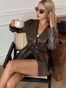DAZY Thắt lưng da PU màu trơn dành cho nữ, thích hợp để phối với áo khoác vào mùa thu/đông. - Cà phê nâu - Xem 8