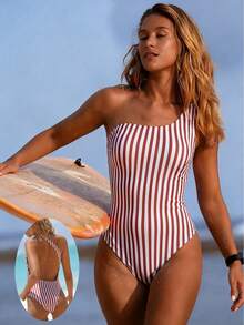 Bộ đồ bơi liền thân Swim SPRTY mới về dành cho nữ, kẻ sọc dọc đỏ trắng, một vai, kiểu dáng chống nắng, thích hợp cho lướt sóng, cổ áo bất đối xứng và thiết kế hở lưng, kiểu dáng cắt cao khoe chân, lấy cảm hứng từ phong cách hàng hải cổ điển, giúp định hình vóc dáng, monokini hở lưng sành điệu, hoàn hảo cho những kỳ nghỉ ven biển và thời trang bên hồ bơi, kỳ nghỉ hè trên bãi biển, trang phục dự tiệc bể bơi và các hoạt động lướt sóng. - Đỏ và trắng - Xem 3