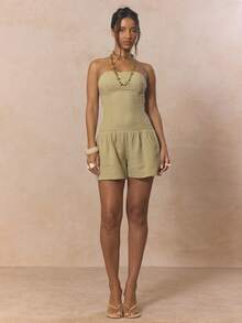 MUSERA 无肩带抹胸修身蓬蓬裙迷你短款连体裤，可爱春日假日少女风糖盐 - 卡其色 - 查看 5