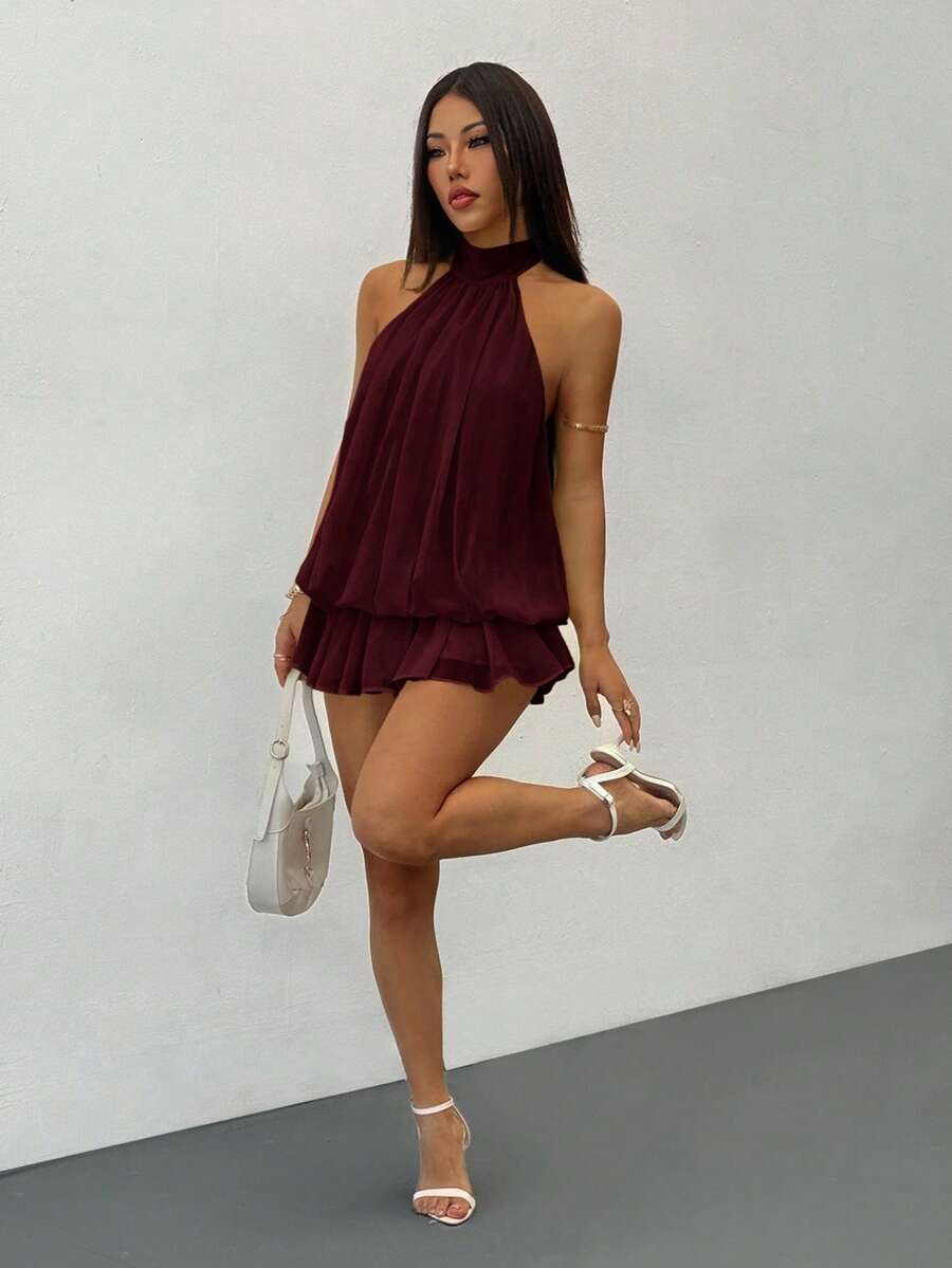 SHEIN PETITE Vestido mini elegante sin mangas con cuello de corbata en amarillo pálido, adecuado para fiestas, citas, otoño/invierno y primavera/verano - Café integral - Ver 1